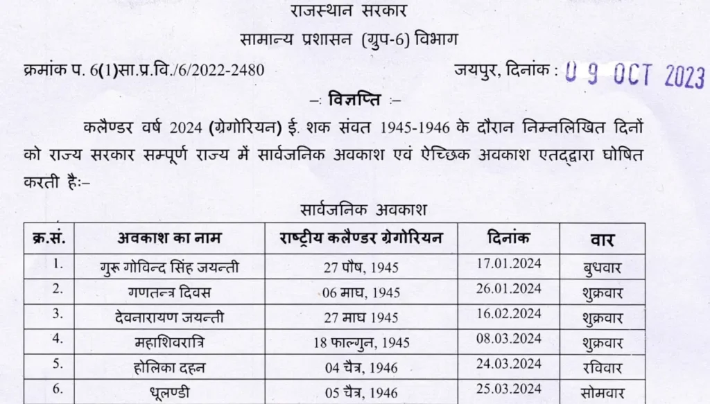 Rajasthan Holiday Calendar 2024