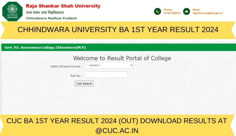 Chhindwara University BA 1st Year Result 2024 (Out) Download Results at @cuc.ac.in